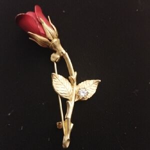 Gold-Tone Red Rose Bud Brooch with Clear Accent
